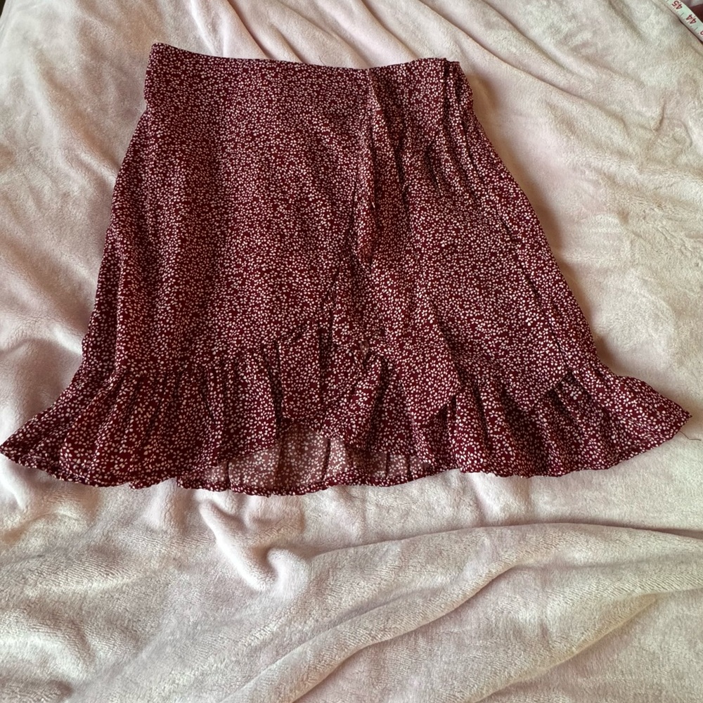 Maroon Floral Ruffle Hem Skirt -